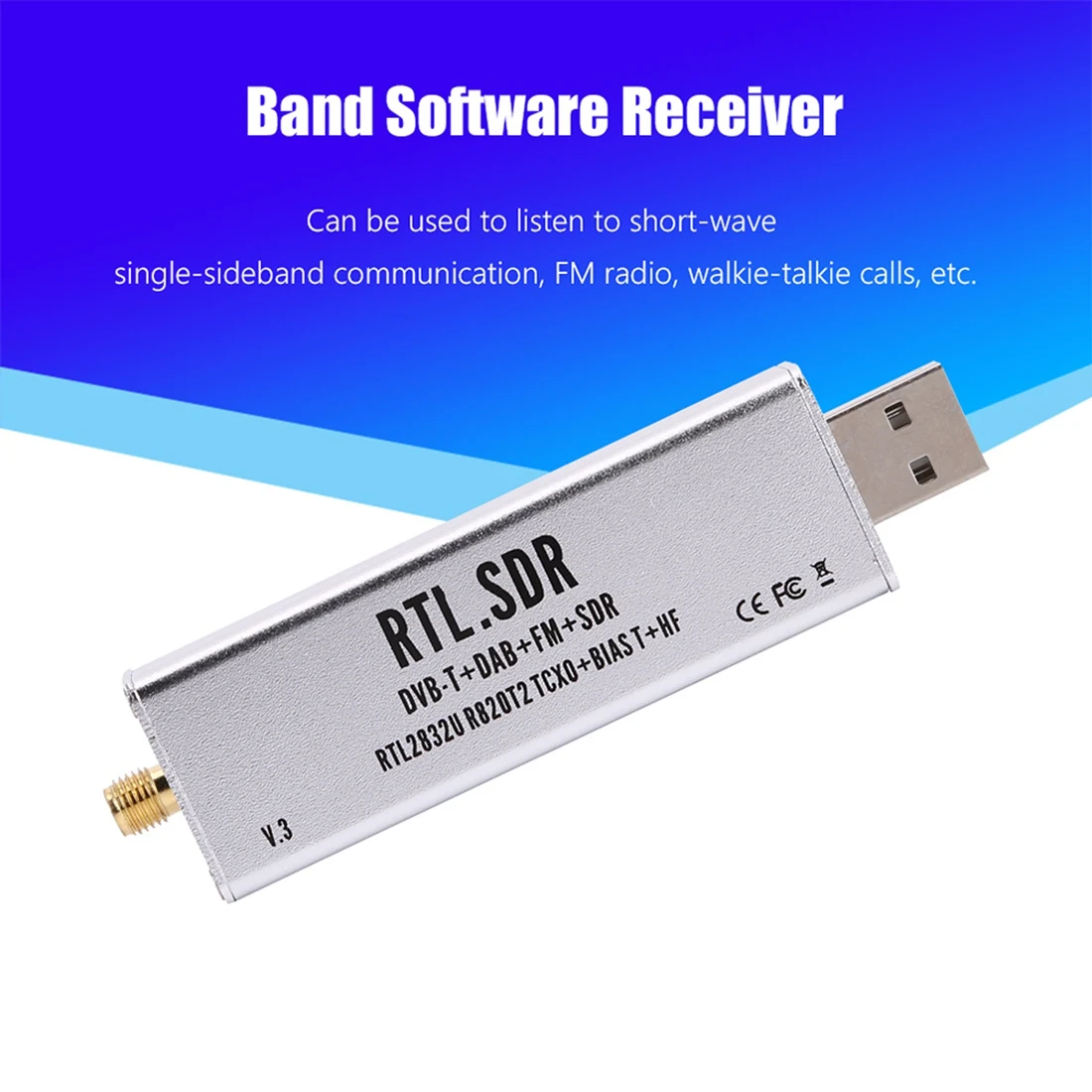 RTL-SDR Blog RTL SDR Receiver V3 RTL2832U 0.1MHz-1.7GHz TCXO SMA Software Defined Radio Receiver with Antenna