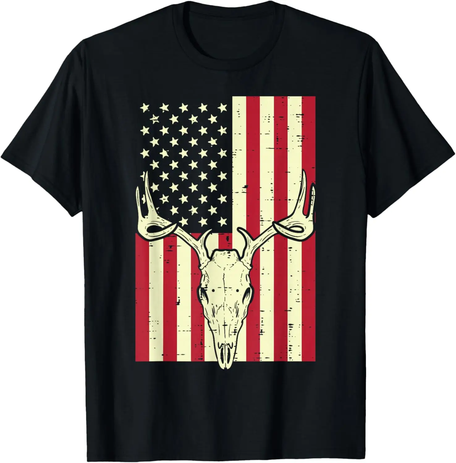 American Flag Deer Skull Vintage Hunting Patriotic Hunt Dad T-Shirt 100% Cotton Trendy Y2K Short-Sleeve Tee-Soft, Quick-Drying,