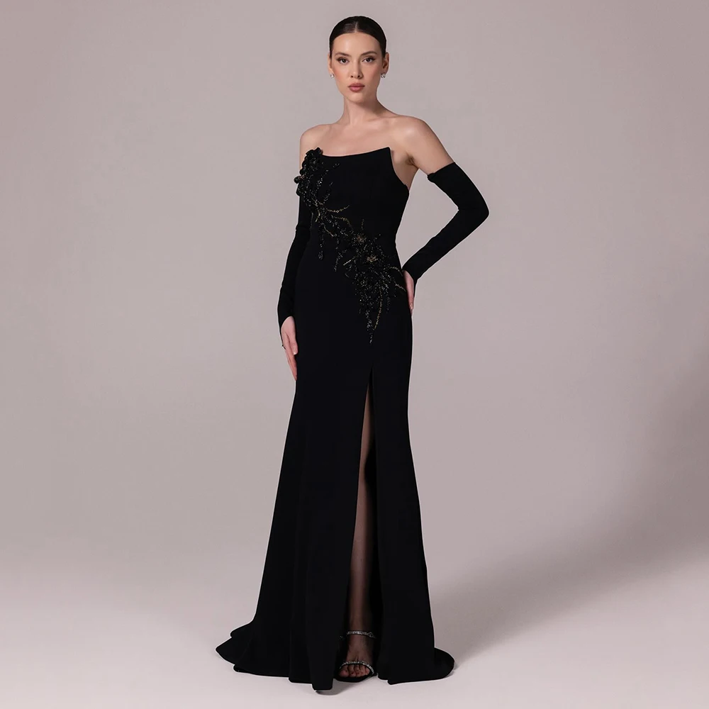 

Customized Strapless Simple A-line Jersey Evening Dress With Zipper Sweep Train Party Dress Backless Floor Length Prom Gown