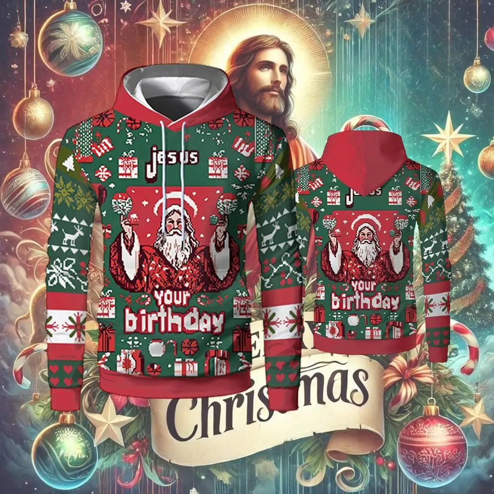Jesus 3D Print Christmas Hoodie Spring/Autumn Street Style Fashion Casual Pullover Men's Loose Plus Size Holiday Gift Top