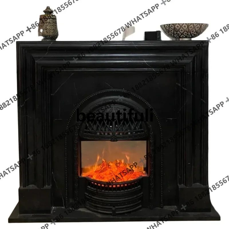 D85 Natural stone fireplace French European living room black marble decorative cabinet custom