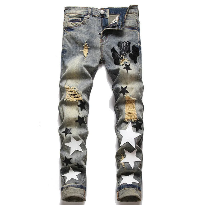 Ripped Jeans Stretch Pencil Pant Streetwear Elastic Hip Hop Star Pattern Jean Hole Patch European Fashion Versatile Men Jean