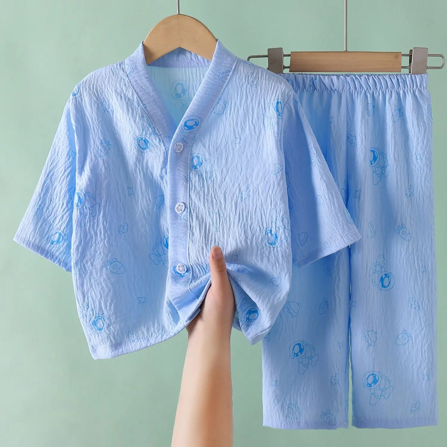 Summer Kids Pajamas Set Boys Girls Three Quarter Sleeves Soft Cotton Loungewear