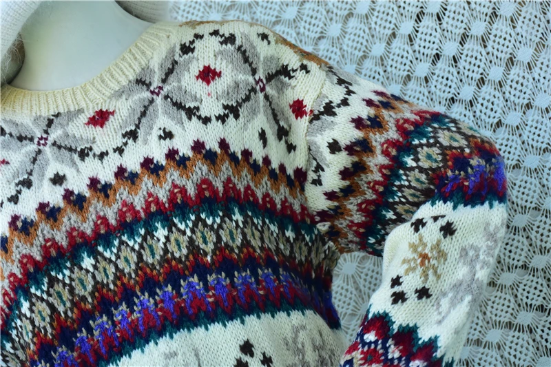 Women Vintage Fair Isle Wool Sweater Retro Reindeer Geometric Knit Pullover Long Sleeve Crew Neck Loose Oversized Winter Warm Et view 3