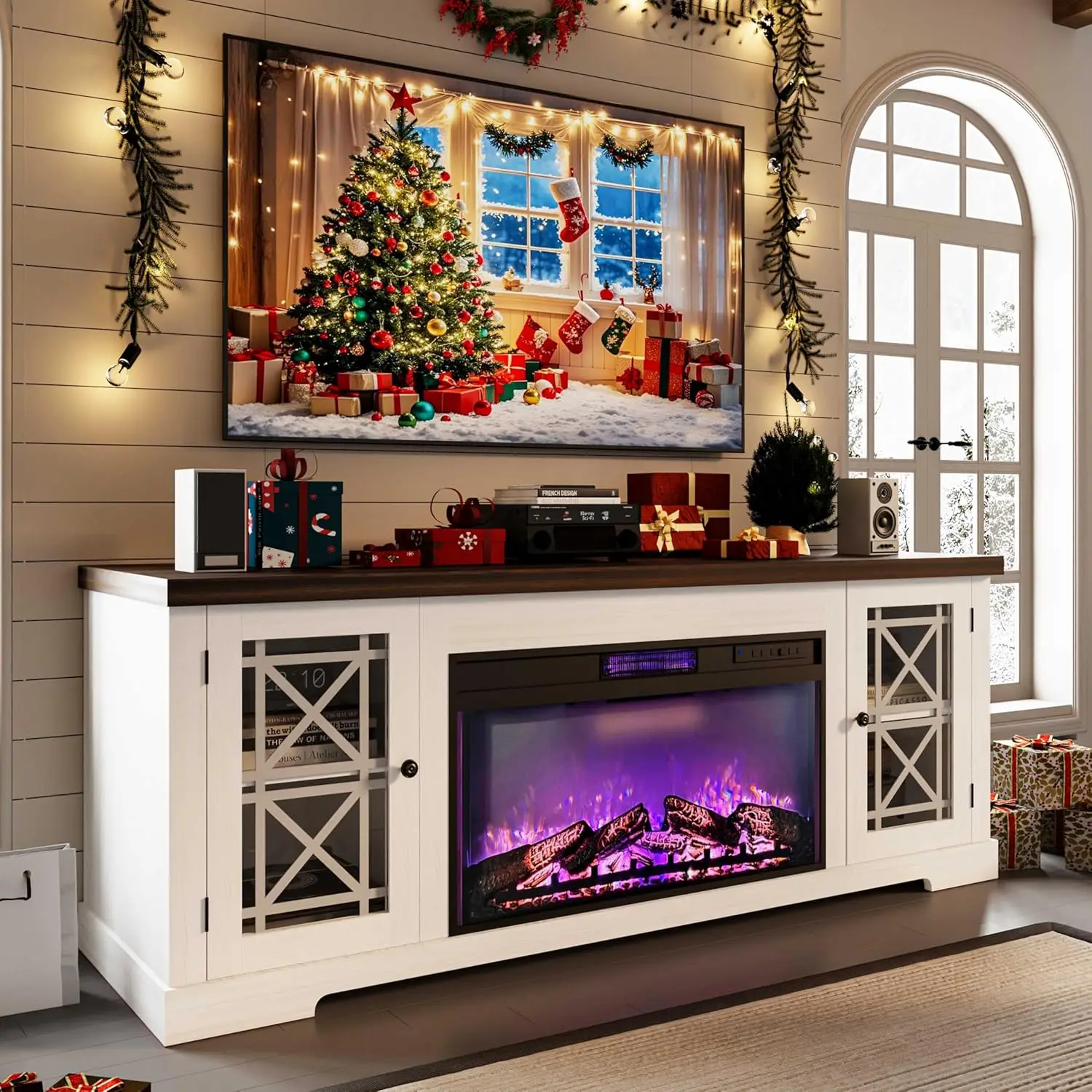 

70-дюймовая каминная подставка для телевизора с электрическим камином с дистанционным управлением 36 дюймов, защитный центр со светодиодной подсветкой, по индивидуальному заказу