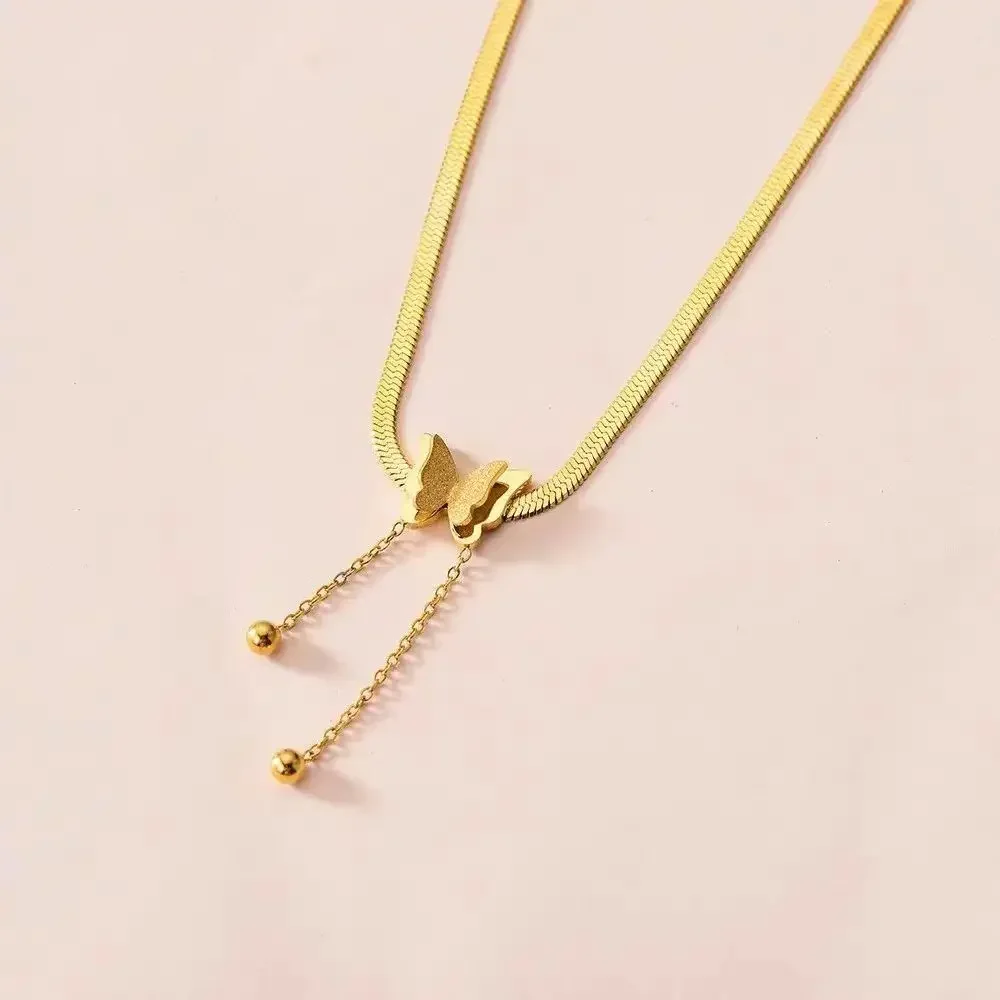 Titanium Steel Not Fading Butterfly Tassel Necklace for Women Light Luxury Gold Blade Chain Butterfly Cute Animal Necklace