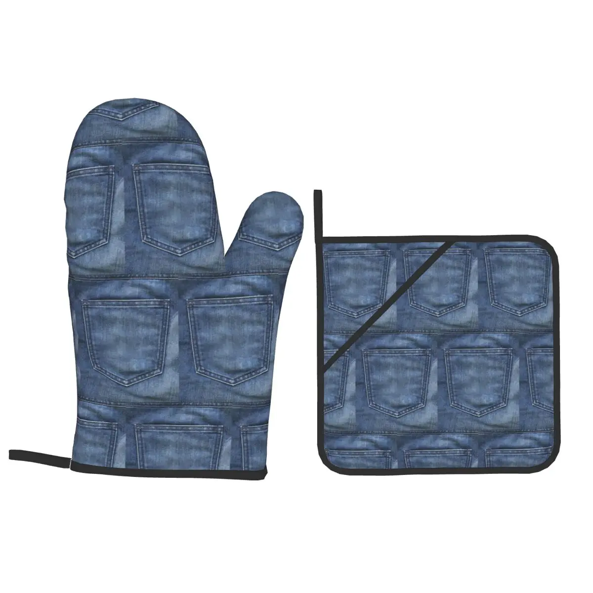 Denim Oven Mitts and Pot Holder Sets of 4 for Baking Kitchen Cooking Grilling Resistant Non-Slip Gloves