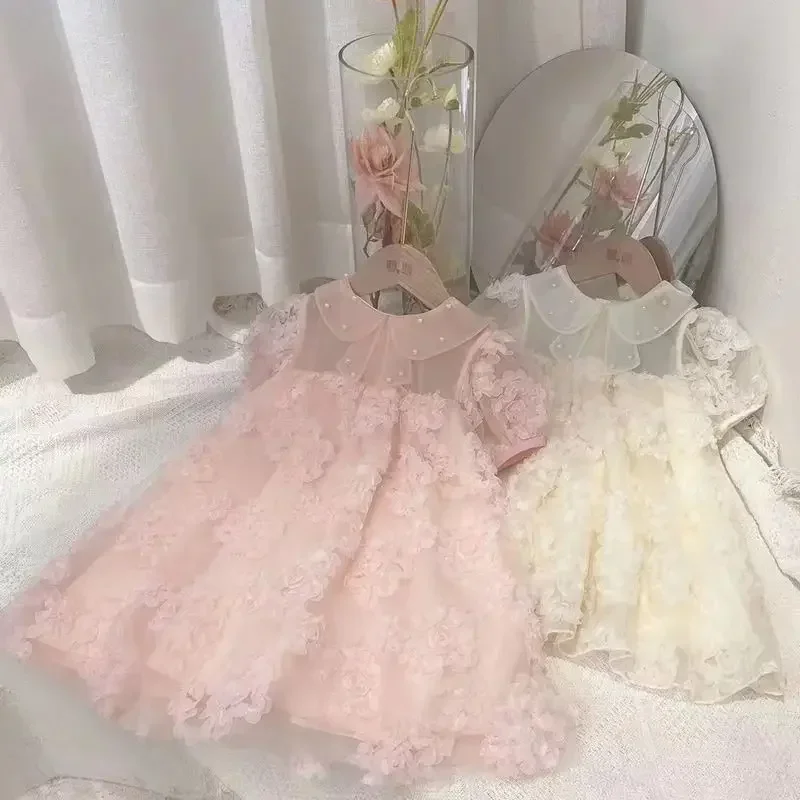 Girl Summer Clothes Flower Solid Princess Kids Girl Dress Short Sleeve Bow Ceremony Wedding Party Big Size