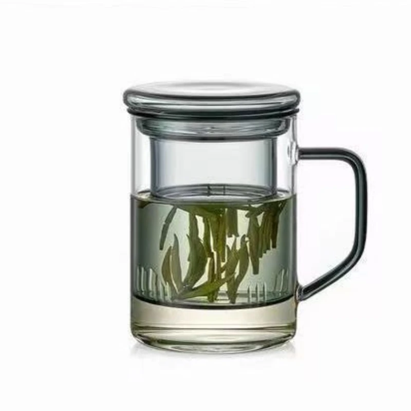 

High borosilicate transparent glass teacup tea separation filter with lid glass tea cup household large capacity three-piece cup