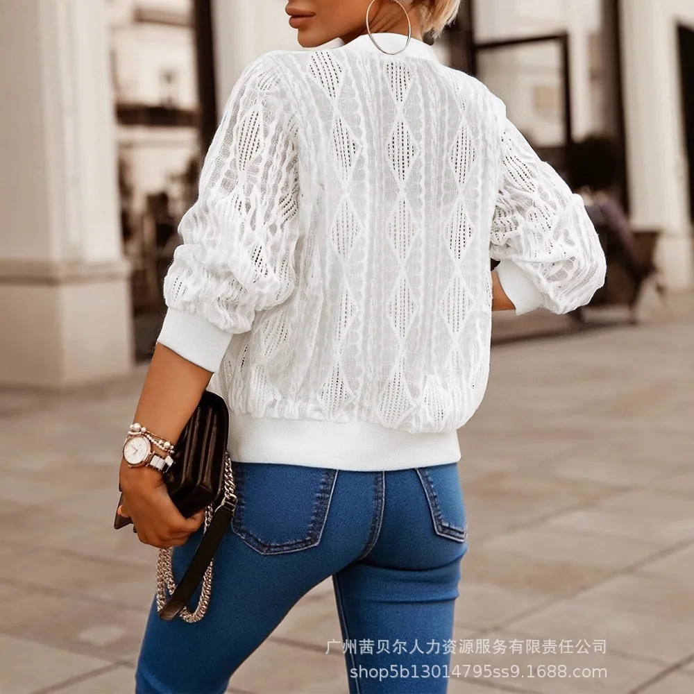 เสื้อแจ็คเก็ตเบสบอลแบบเบา ลาย Jacquard & Diamond ดีไซน์เว้า ซิปแบบลำลอง