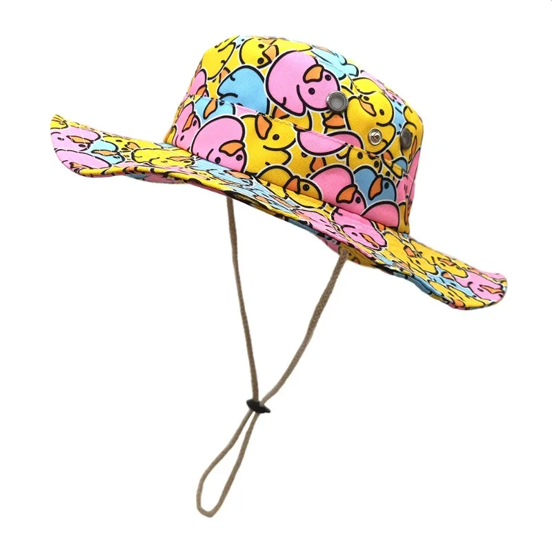 

New Yellow Duck Pattern Fisherman's Hat Wide Brimband Elastic Shrink Rope Unisex Sunshade Mountain Hat Fashion Cartoon Foldable