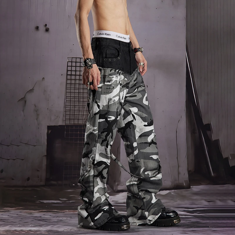 LUZHEN 2026 New Trendy Original Camouflage Printed Splicing Waist Niche Design Jeans Men's Fashion Straight Denim Pants JY8918