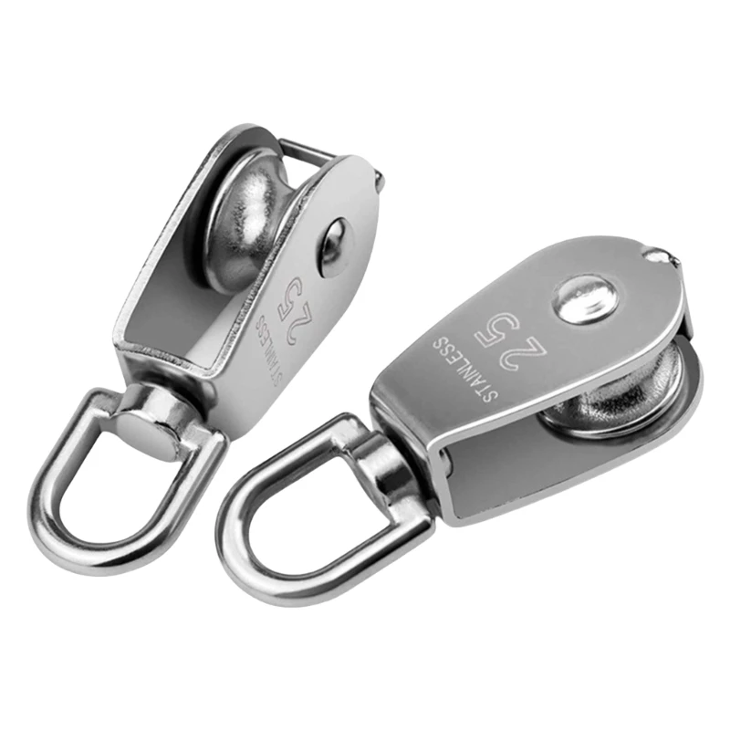 2Pcs Stainless Steel Heavy Duty Single Wheel Swivels Lifting Wire Rope Pulley Block Cranes Swivels Hook Smooth Wire Rope