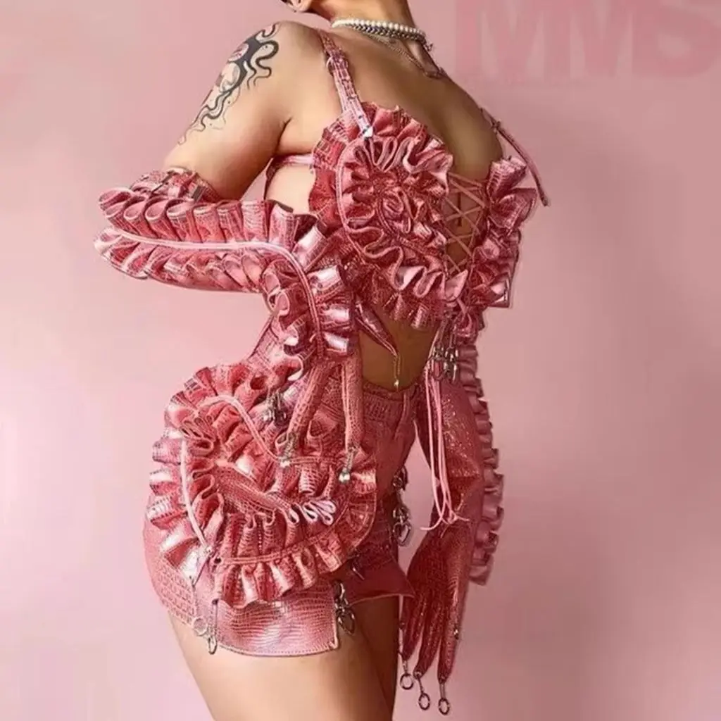 

Valentine's Day Pink Love Leather Sexy Personality Rivet Performance Outfit Female Singer Gogo Bar Nightclub Dance Stage Wear