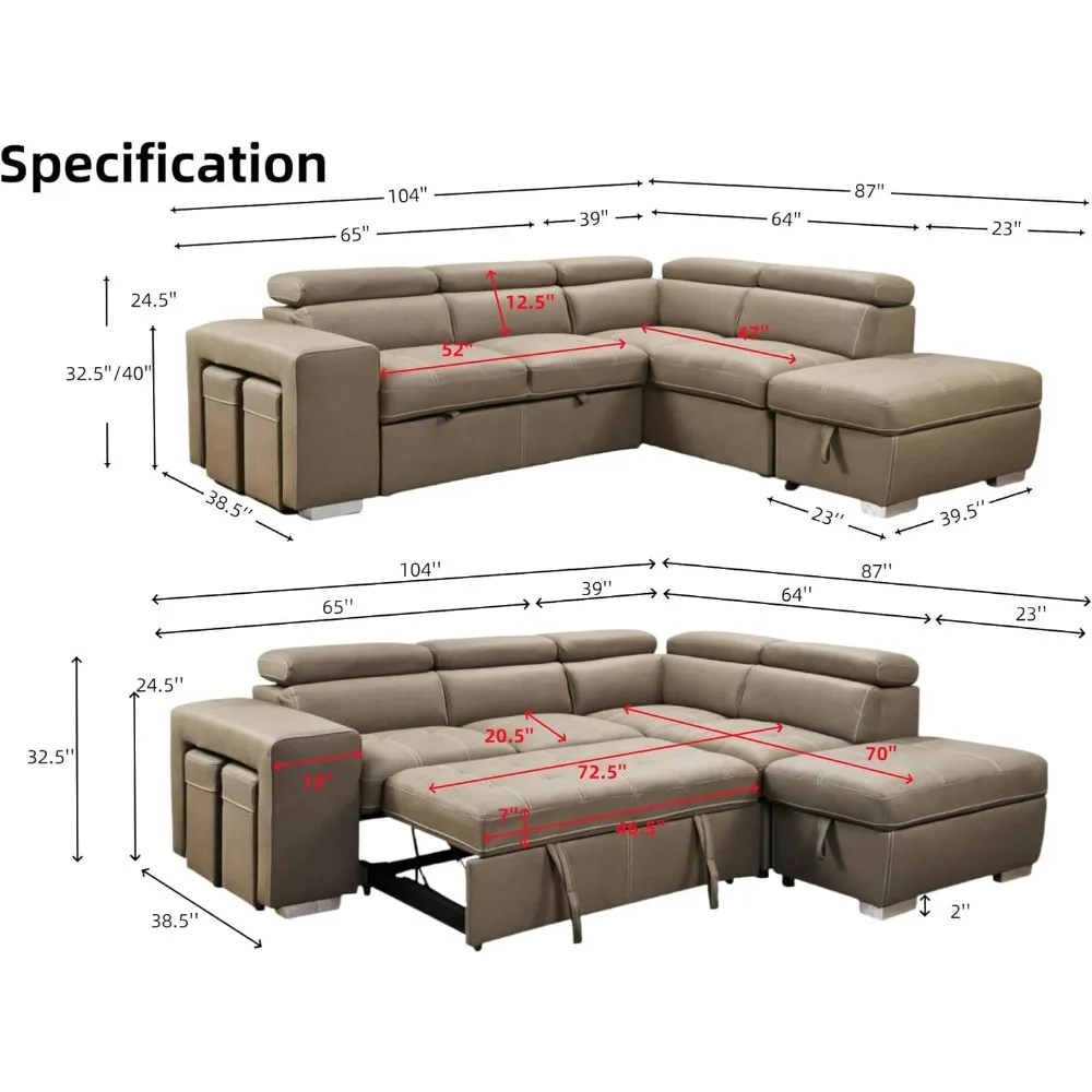 104'' Sectional Sleeper Sofa with Pull Out Bed and Storage Chaise Ottoman, L Shaped Couch with Adjustable Headrest and Stools