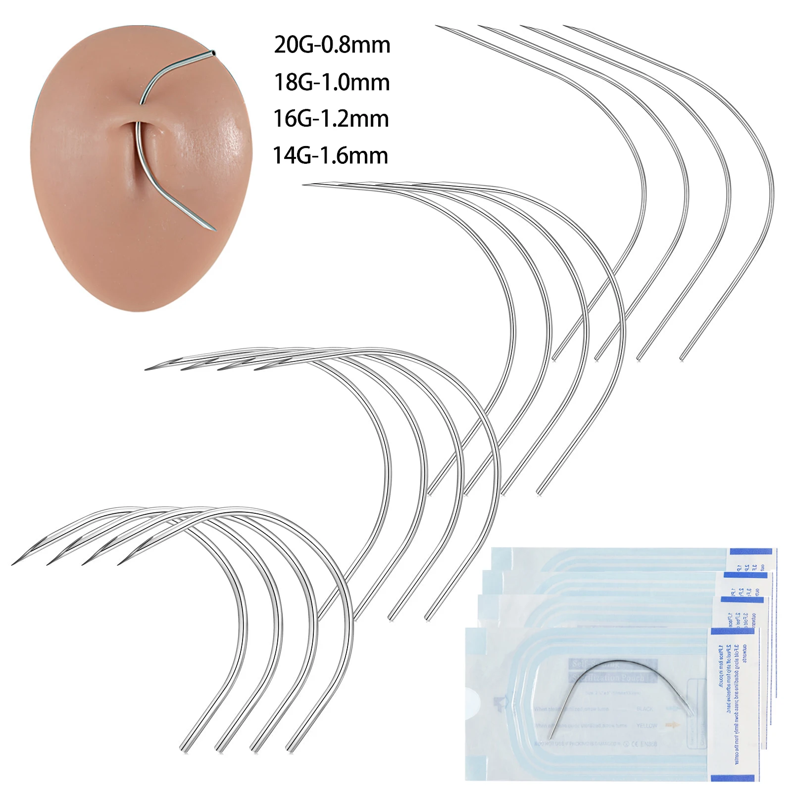 316L Surgical Stainless Curved Body Piercing Needles Sterilized Steel Sharp Belly Nose Lip Ear Needles 20G/18G/16G/14G Choosable