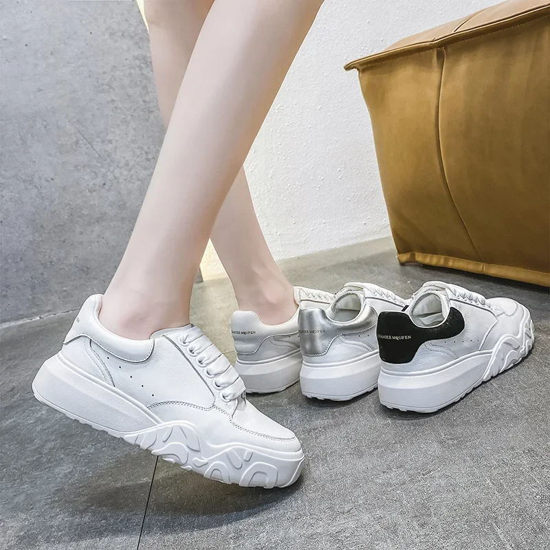 2020 Autumn New White Shoes Women's Platform Thick-soled All-match Flat Shoes Comfortable Lace-up Trendy Student Casual Shoes