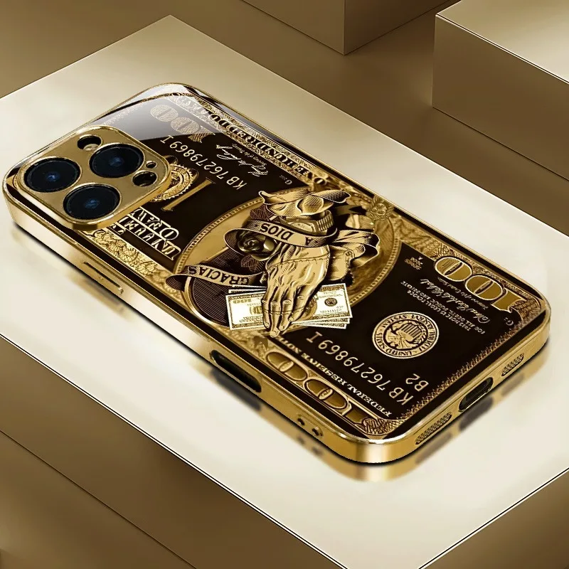 

Creative Wealth Pattern Gold Paint Glass Phone Case For iphone 17 16 15 14 13 12 11 Pro Promax Plus Cover Anti-drop protection