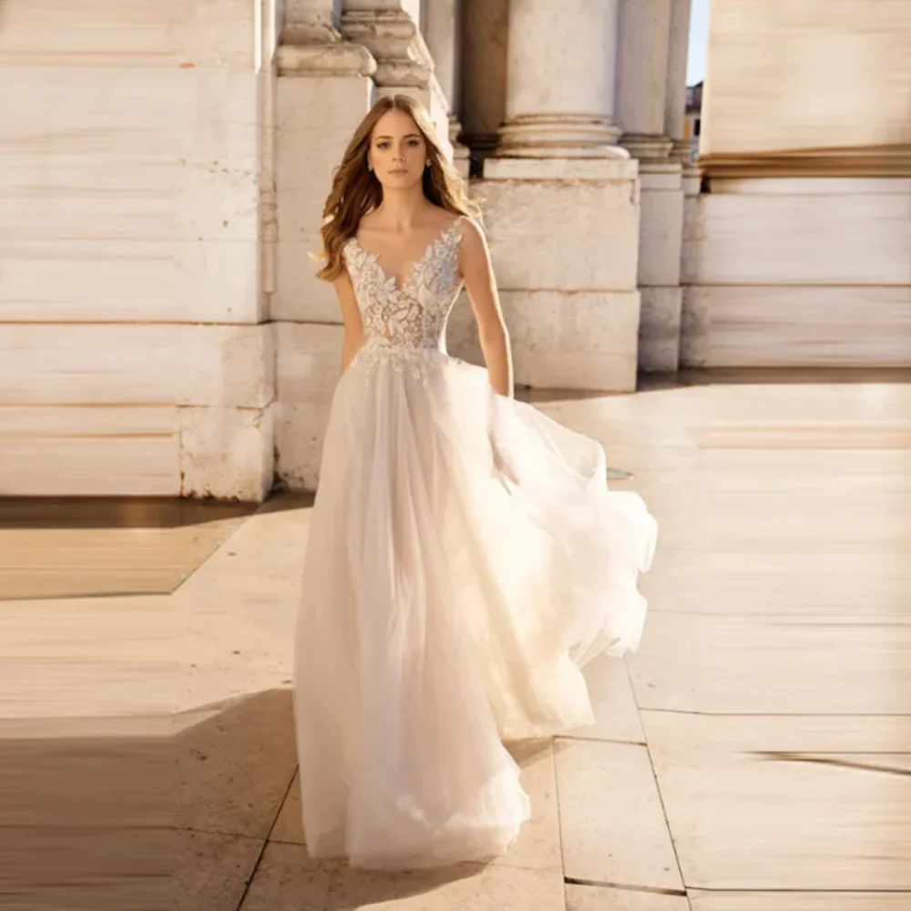 Vestido de novia de tul con espalda descubierta para mujer, traje Sexy de encaje con escote en V profundo, color blanco, 2024