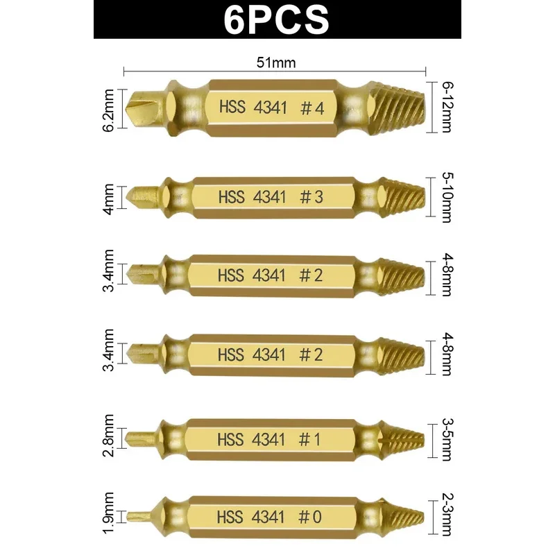 6 PCS Screw Extractor เจาะชุด Bit Stripped Broken Screw Bolt Remover Extractor ได้อย่างง่ายดาย Take Out เครื่องมือรื้อถอน
