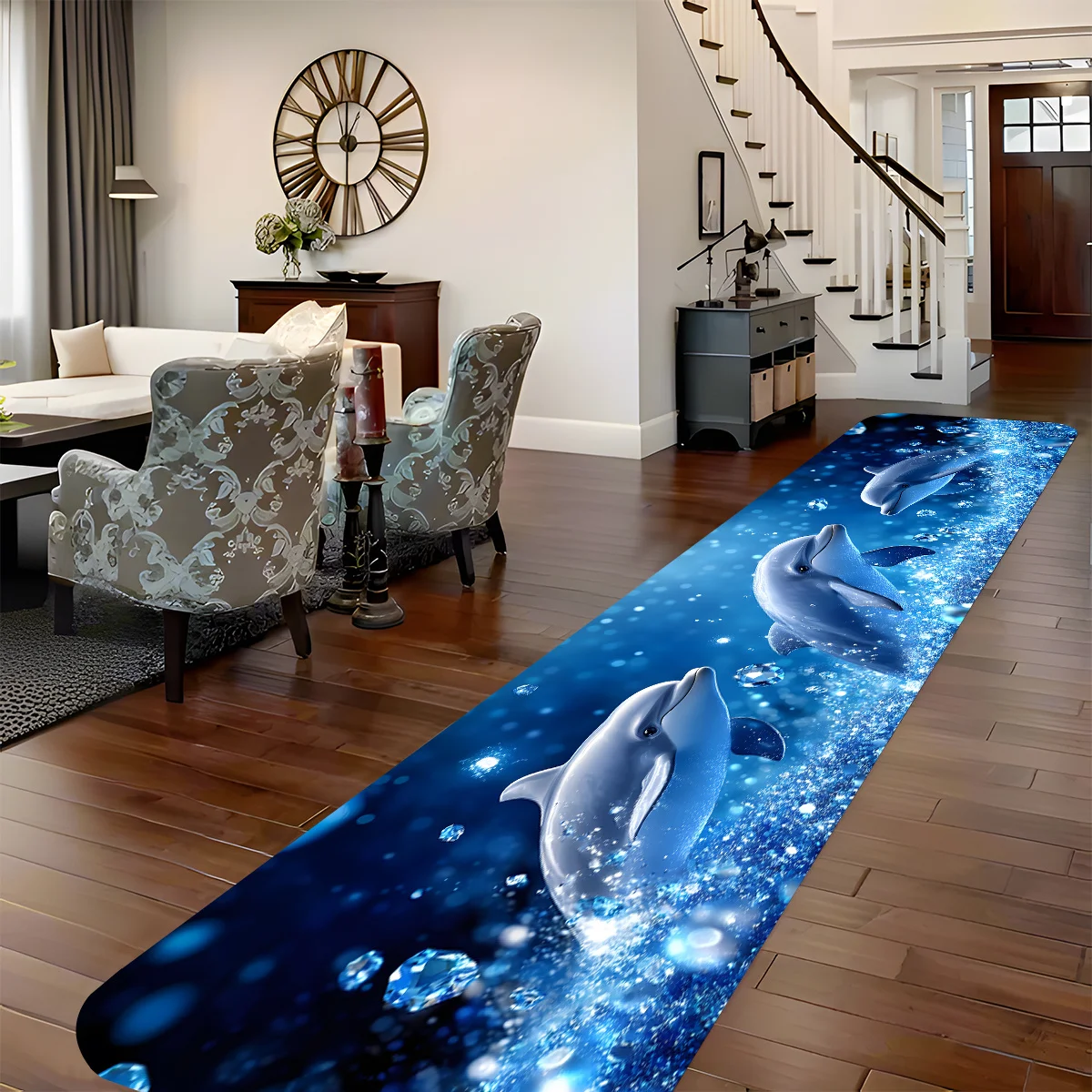 3D Dolphin Ocean Kitchen Runner Rug, Realistic Blue Sea Diamond Glitter Non-Slip Absorbent Floor Mat Entryway Bathroom Hallway