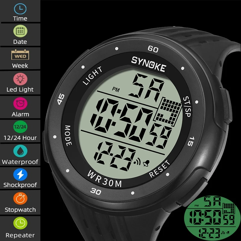 

Synoke Fashion Big Size Dial Men's Digital Sport's Watches 30M Waterproof Led Chronograph Multifunctional Male Alarm Clock