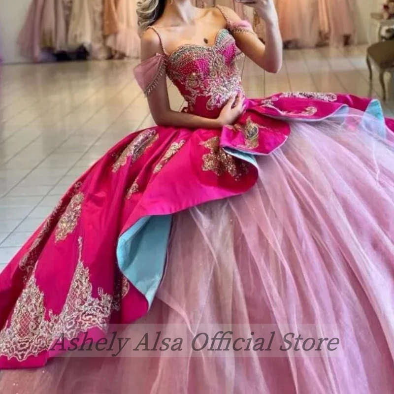 Maßgeschneiderte fuchsia rosa süße 16-jährige Quinceanera-Kleider für Mädchen, schulterfrei, Perlenapplikation, Abschlussball, Vestido de la Princesa Jasmine de