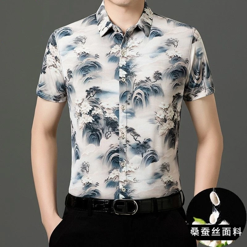 Mulberry Silk Fabric Hawaii Shirts Men Business Anti Wrinkle Shirt Antibacterial Moisture Wicking High End Luxurious Casual Tops
