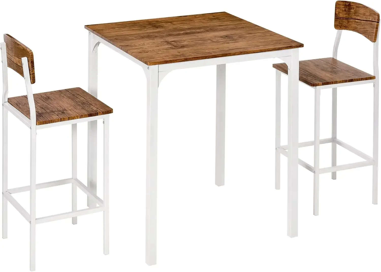 Industrial Small Dining Table Set for 2, Square Kitchen Table and Stools with Steel Frame, Walnut and White