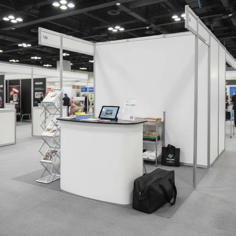 Comptoir de stand pour foires et salons, dimensions 1300 × 465 × 950 mm. Podium pliable avec paroi arrière et étagère de rangement intégrée. Le dessus de table peut supporter jusqu'à 29,48 kg, structure en alliage d'aluminium et panneaux rigides. Livré a