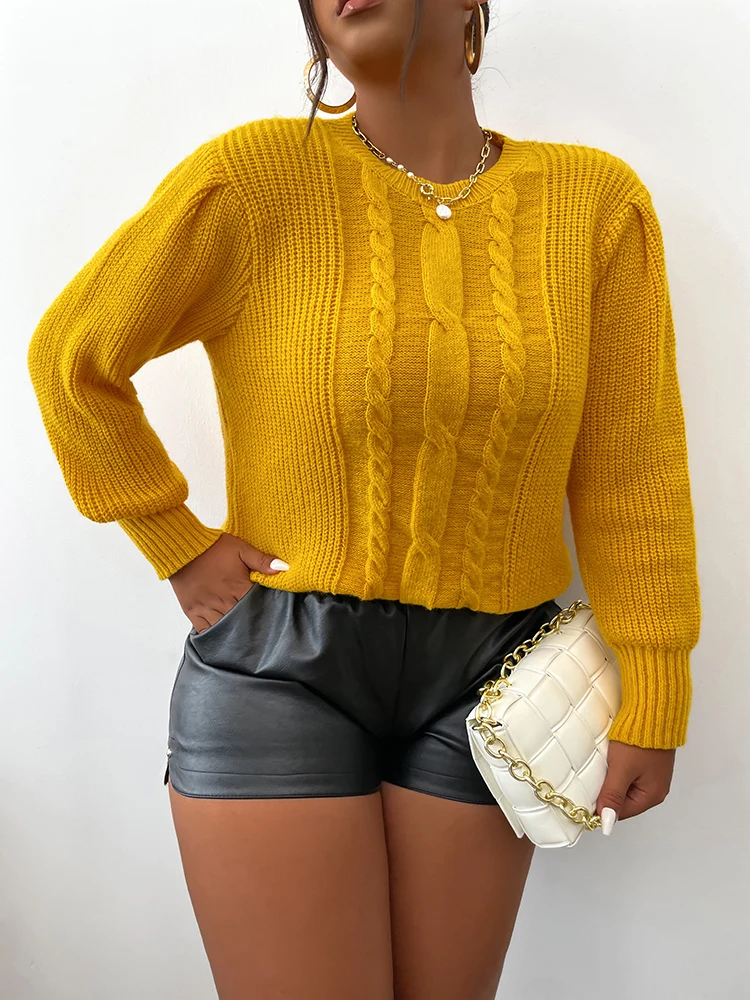 ONELINK-Jersey de talla grande para mujer, jersey de cuello redondo con patrón de punto de Cable amarillo sólido, Tops de gran tamaño para oficina,