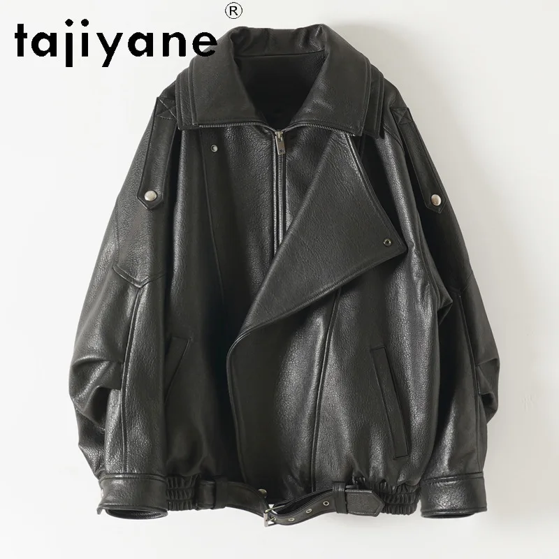 TAJIYANE Genuine Leather Jacket Women Bubbled Goatskin Moto Biker Jackets Double Collar Leather Coat Loose Outerwear Streetwear
