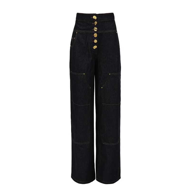 Women's Autumn Jeans Wide Leg Button High Waist Line Vintage Simple Casual Designed Fashion Advanced Soft Versatile Comfortable