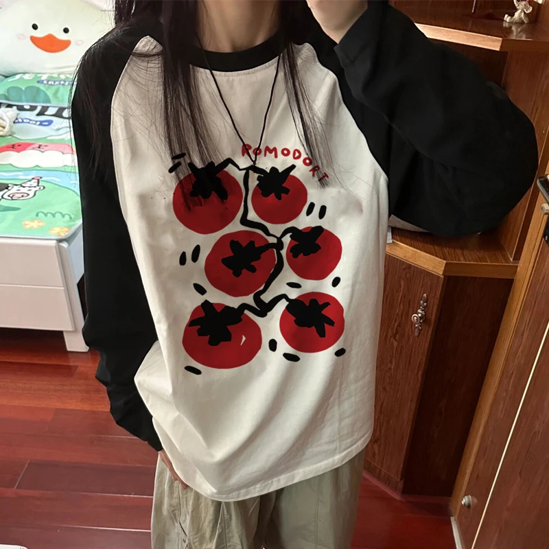 

Raglan Sleeve Long-sleeved T-shirt for Women Kawaii Tomato Print Autumn Loose Base Shirt Fashion Plush Size Harajuku Women Top