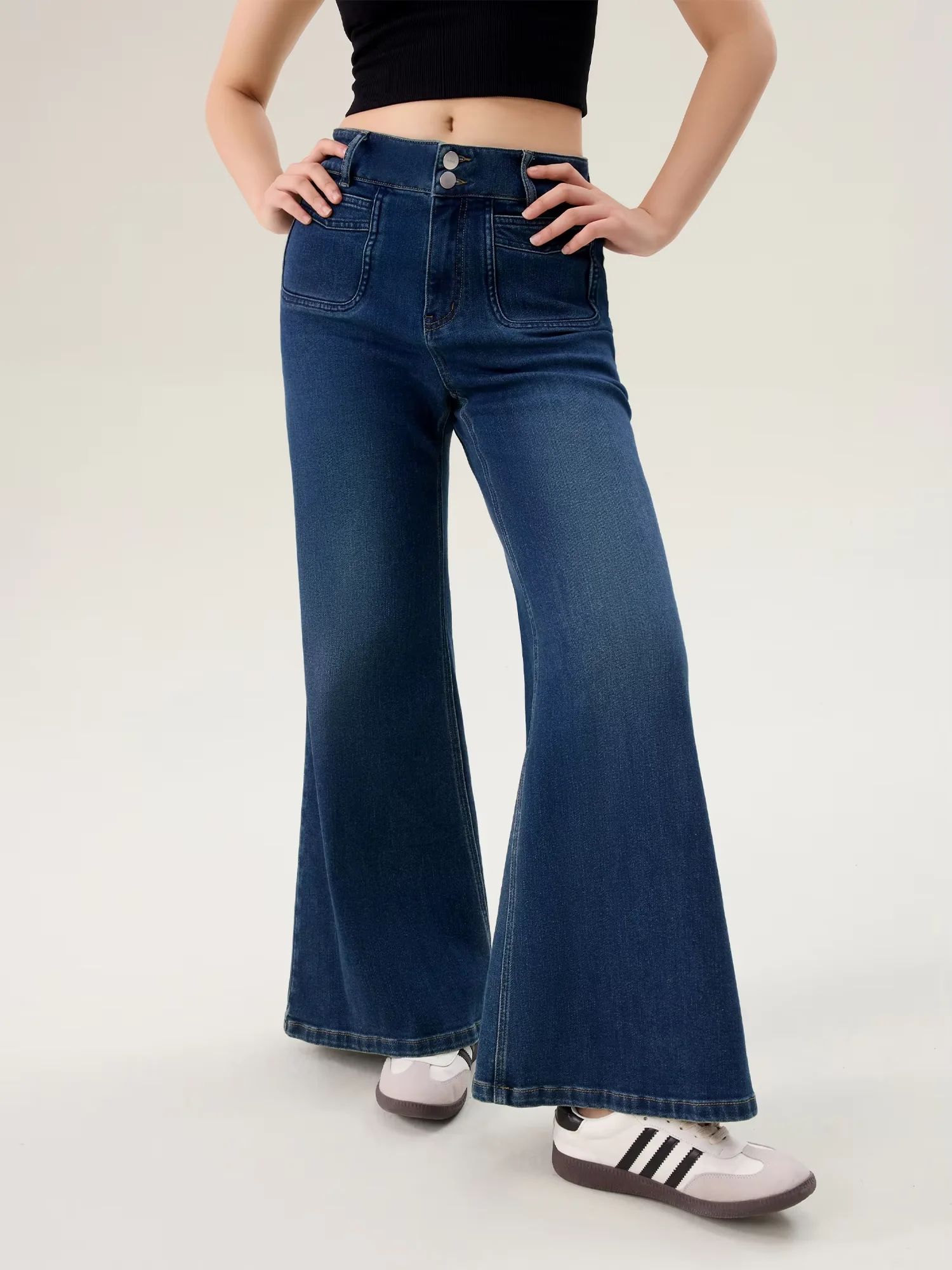 Dushu【2 versão】jeans femininos de algodão 75.1% algodão elástico micro queimado jean 2025 reto longo denim calça azul 25ds81045 + 25ds81164