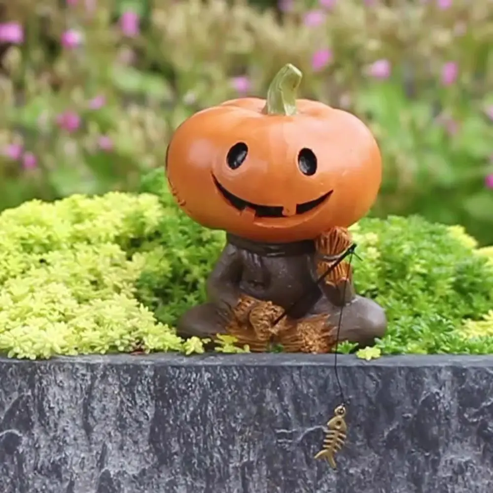 Resin Pumpkin Scarecrow Fishing Statue Cartoon Creative Pumpkin Elf Sculpture Waterproof Cute Miniatures Figurine Balcony