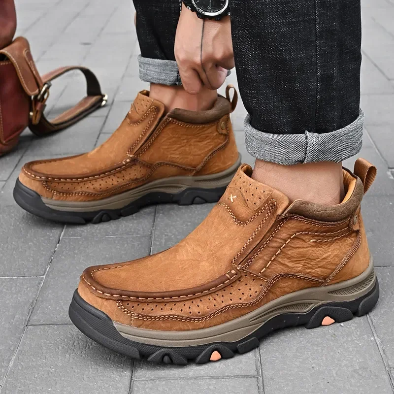 Bota de couro real masculina, sapato de couro casual, tamanho grande, na moda masculina, outono inverno