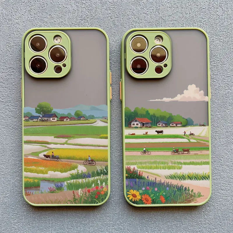 Retro Countryside Scenery Painting Phone Case For iPhone 15 14 13 12 11 Pro Max Mini 16 Pro Max Plus XR XS X SE2 7 8 Plus Covers