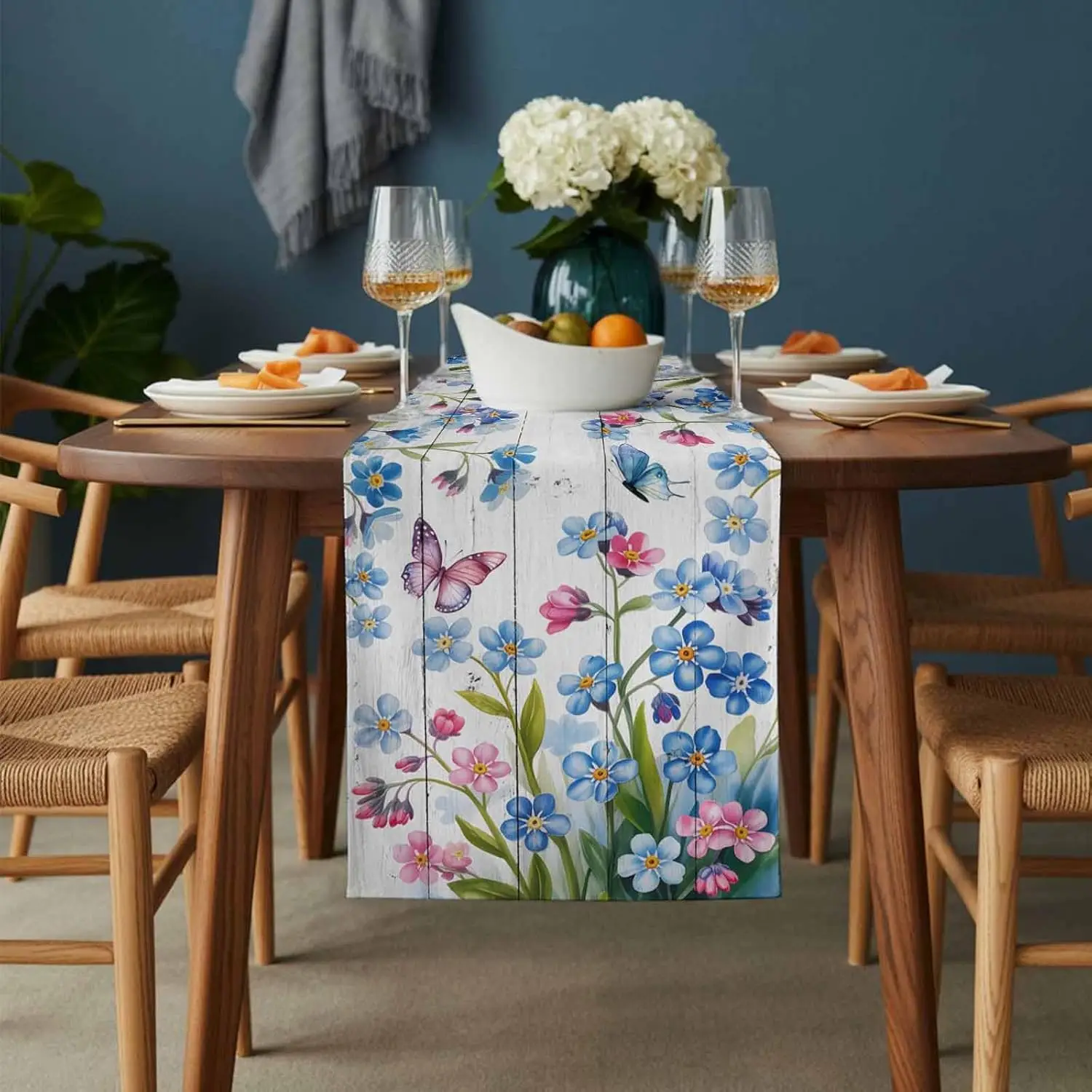 Watercolor Flower Linen Table Runner Party Decor Spring Blue Floral Butterfly Wood Grain Dining Table Runners Wedding Decoration