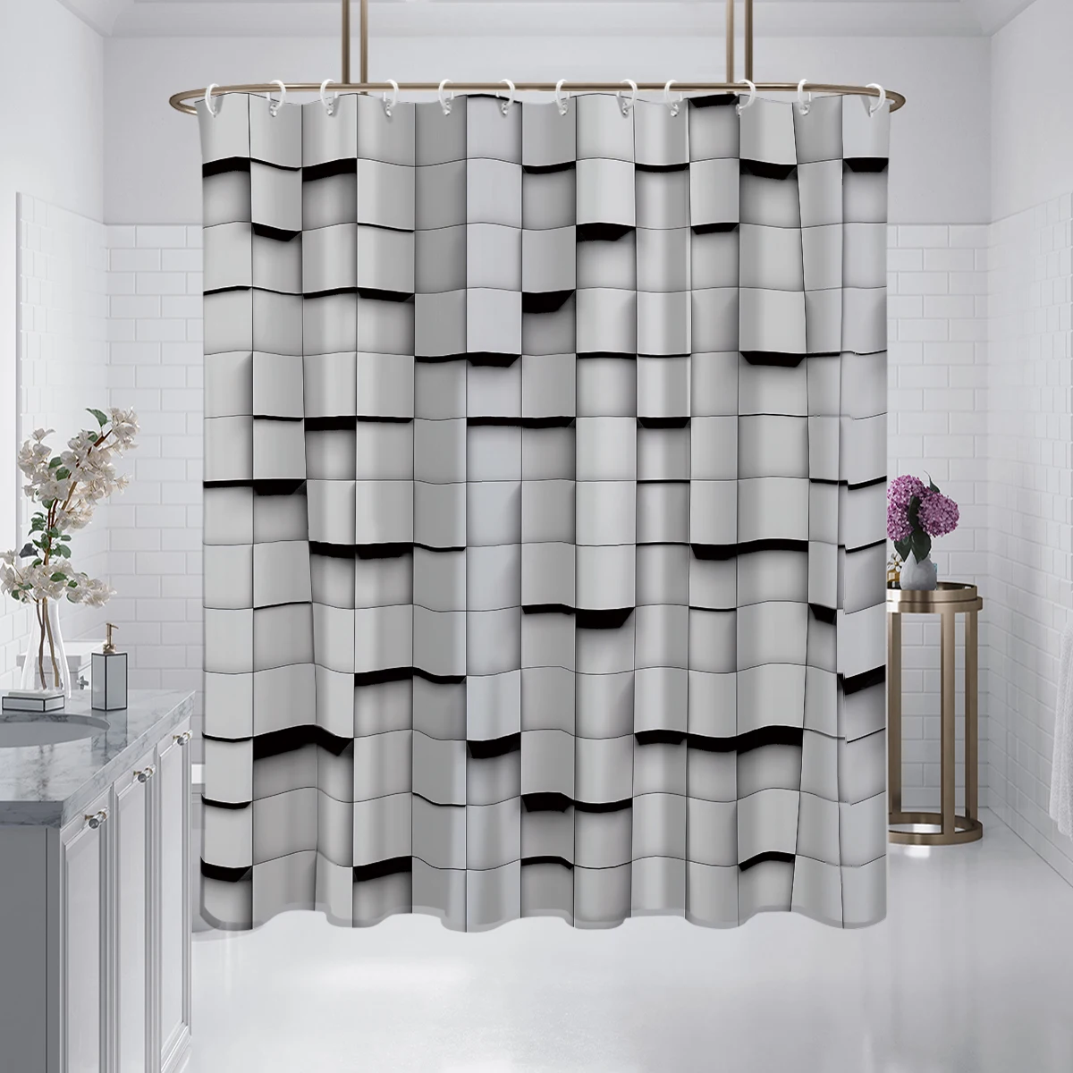 1 piece of 180x180cm gray geometric grid printed modern technology shower curtain partition bathroom waterproof and mildew proof