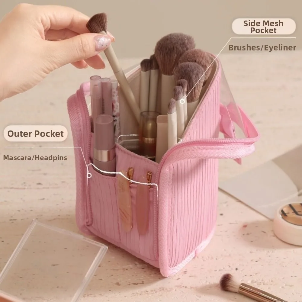 Multifunctional Makeup Bag Portable Semi Transparent Cosmetic Bag Zipper Closure Standing Makeup Brush Organizer