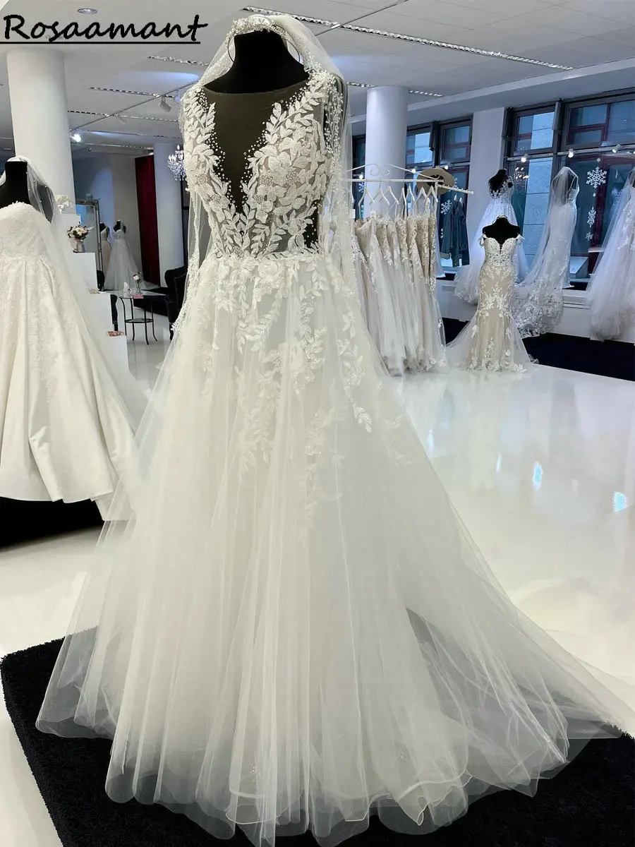 Real Image Manga Longa Sem Encosto Cristal Vestidos De Casamento A Linha Ilusão Apliques De Renda Vestidos De Noiva