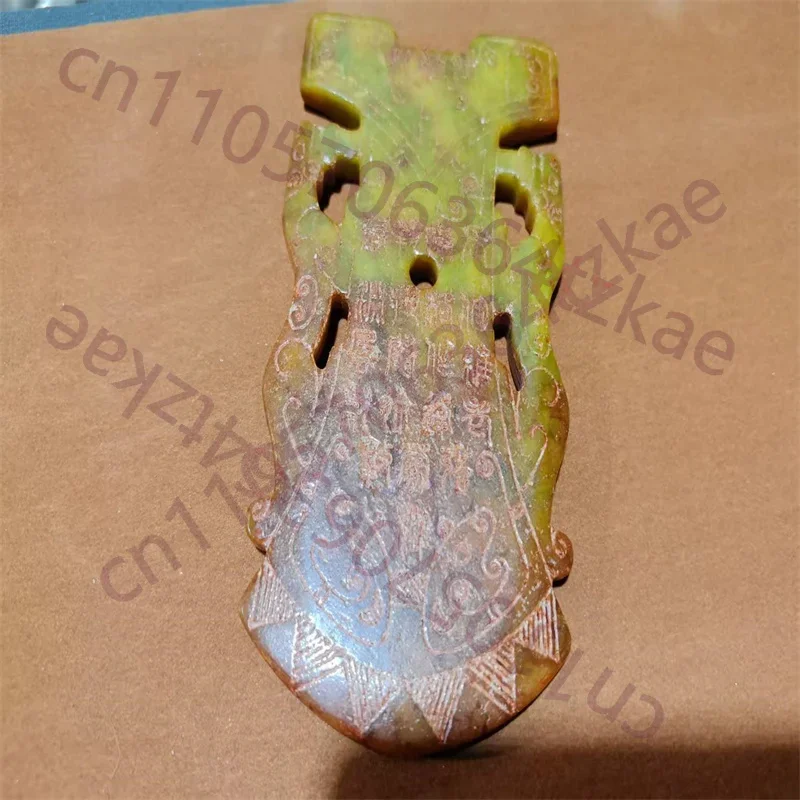 China old jade Axe, carved from old jade with relief Chinese characters on two-sided Asian Artwork Collectible