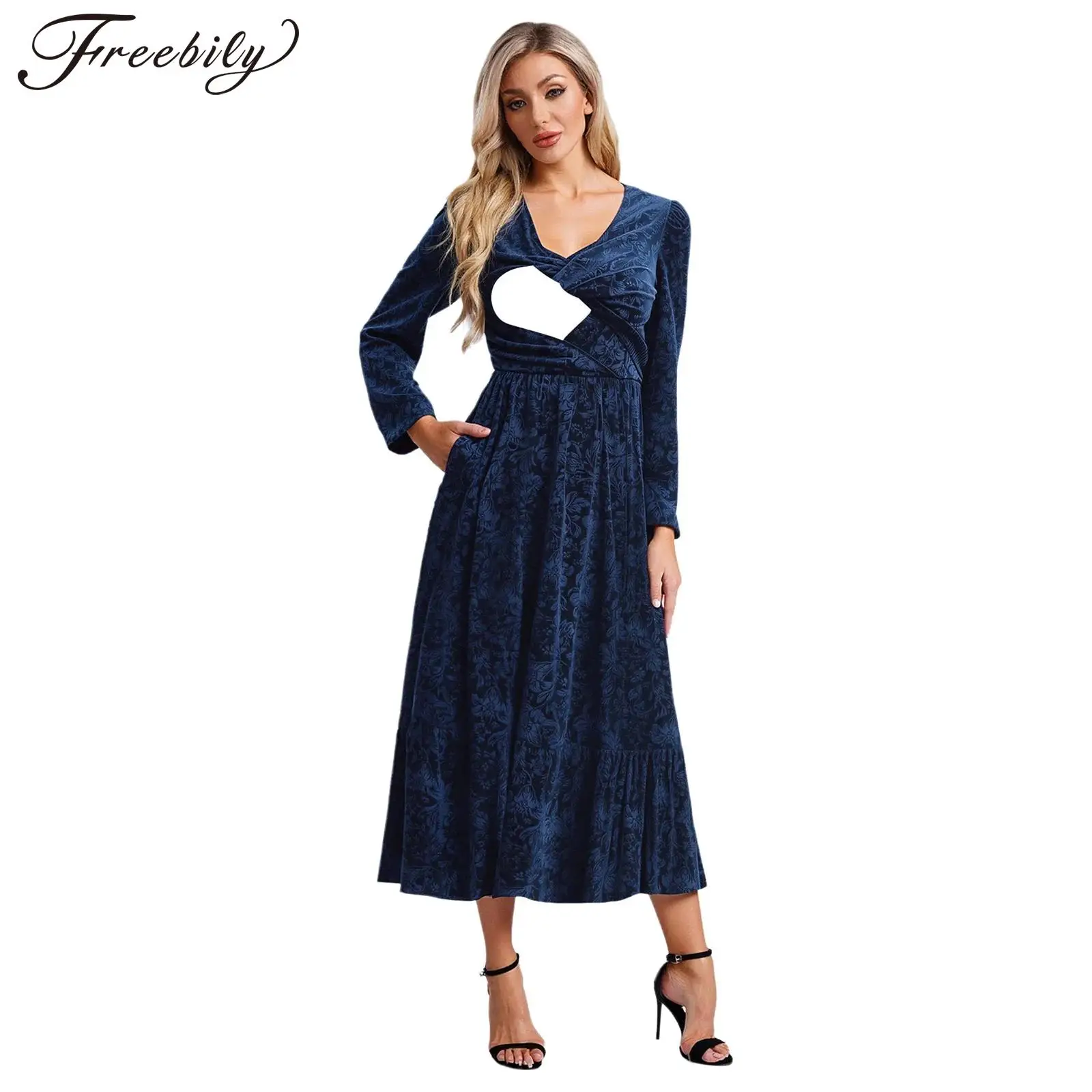 

Women Nursing Maxi Dress Long Sleeves V-Neck Floral Pattern Velvet Breastfeeding Dresses Wedding Banquet Birthday Party Gown