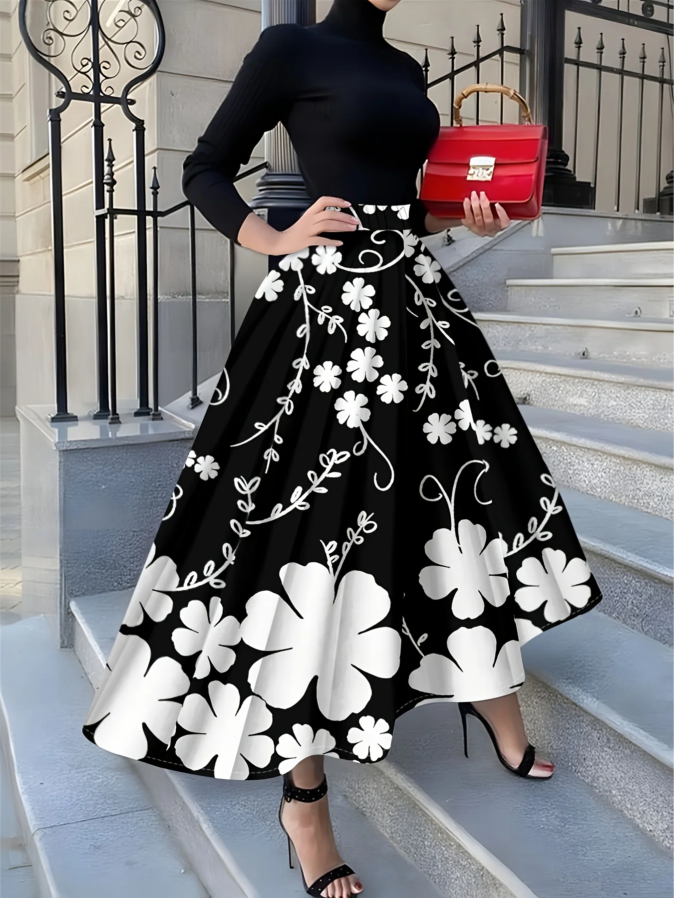Casual Printed Midi Skirt for Women Black and White Floral Pattern A Line High Waist Summer Spring Fall Winter Fashion Skirt