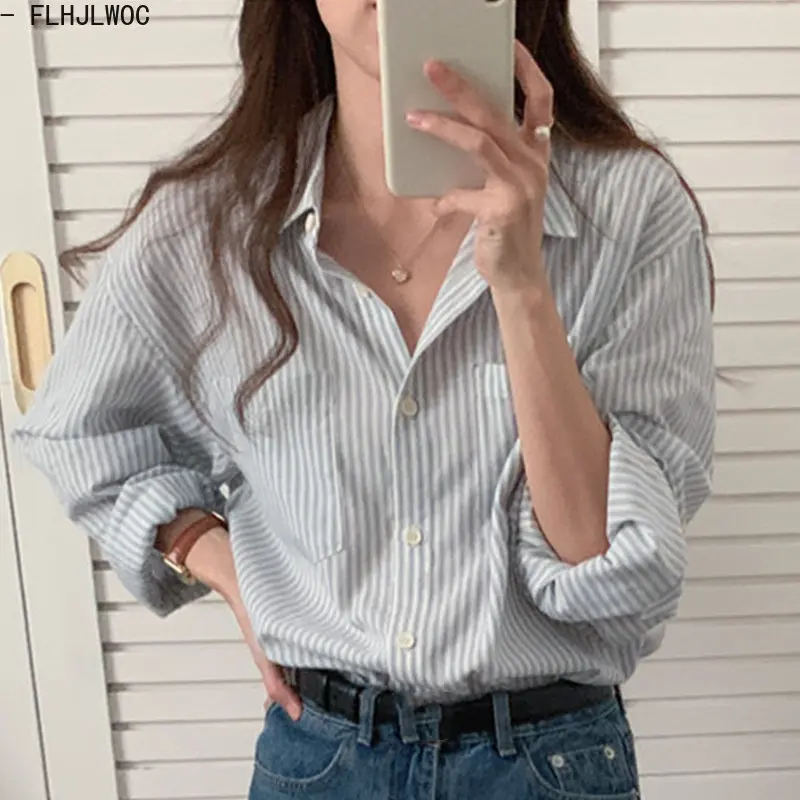 Chic Korea Cute Sweet Girls Basic Striped Boyfriend Shirts Blouses Women Japan Preppy Style Single-Breasted Button Retro Tops