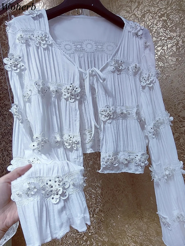 

Women Clothing Pearl Flower Sweet Pleated Blouse Camisas De Mujer V Neck Bandage Tops Sun Protection Crop Summer Korean Shirts