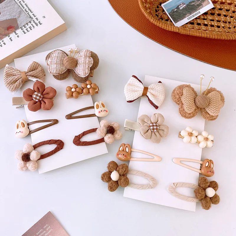 8pcs/set Korean Girls Headband Hair Clip Cartoon Bear Floral Bow Hair Pin for Toddler Lovely Beige Coffee Color Kids Headwear