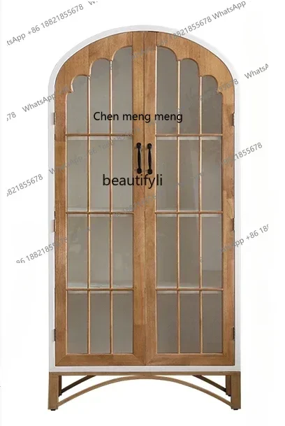 

cc182R French Solid Wood with Glass Cabinet Door Integrated Wall Living Room Half Wall Floor Retro Wine Cabinet Display Cabinet