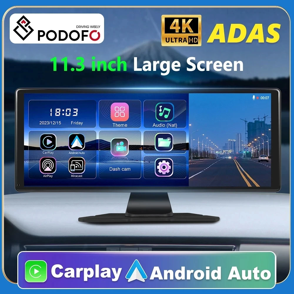 

Podofo 11.3" Car Mirror Carplay Smart Player Suppport Rear Camera Android Auto/CarPlay With 4K Foward Camera Dashboard DVR